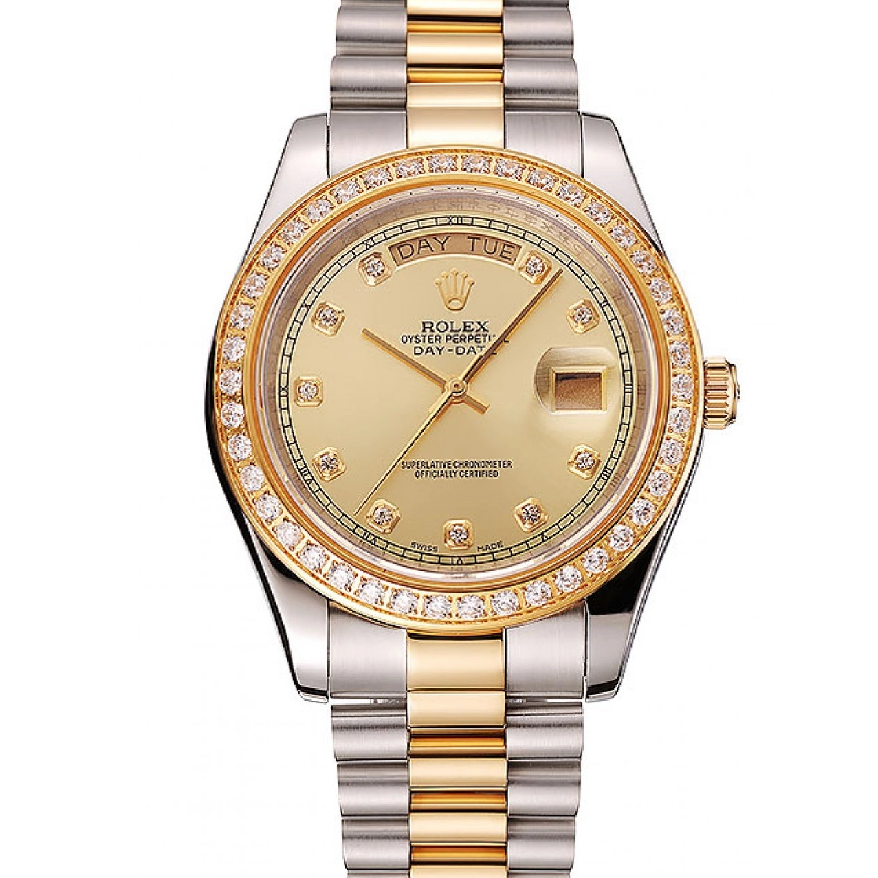 Aaa replica watch Rolex Tone Gold Dial Champagne Case Swiss 1453974 Diamond Day-Date Stainless Steel Two Bracelet 0520
